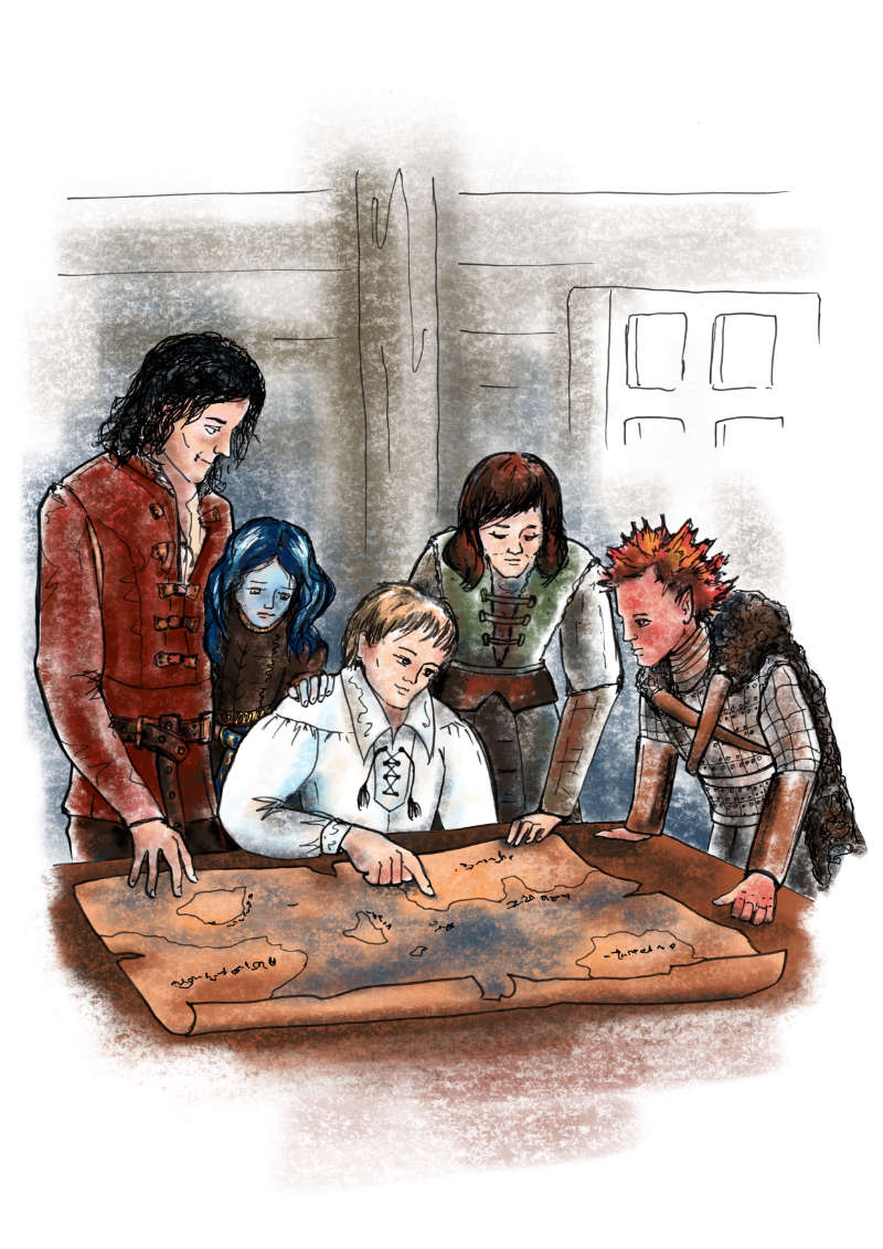 Watercolor interior illustration from Secret of the Kraken, Chapter 1 — the ancient map of the Six Dwarven Kingdoms