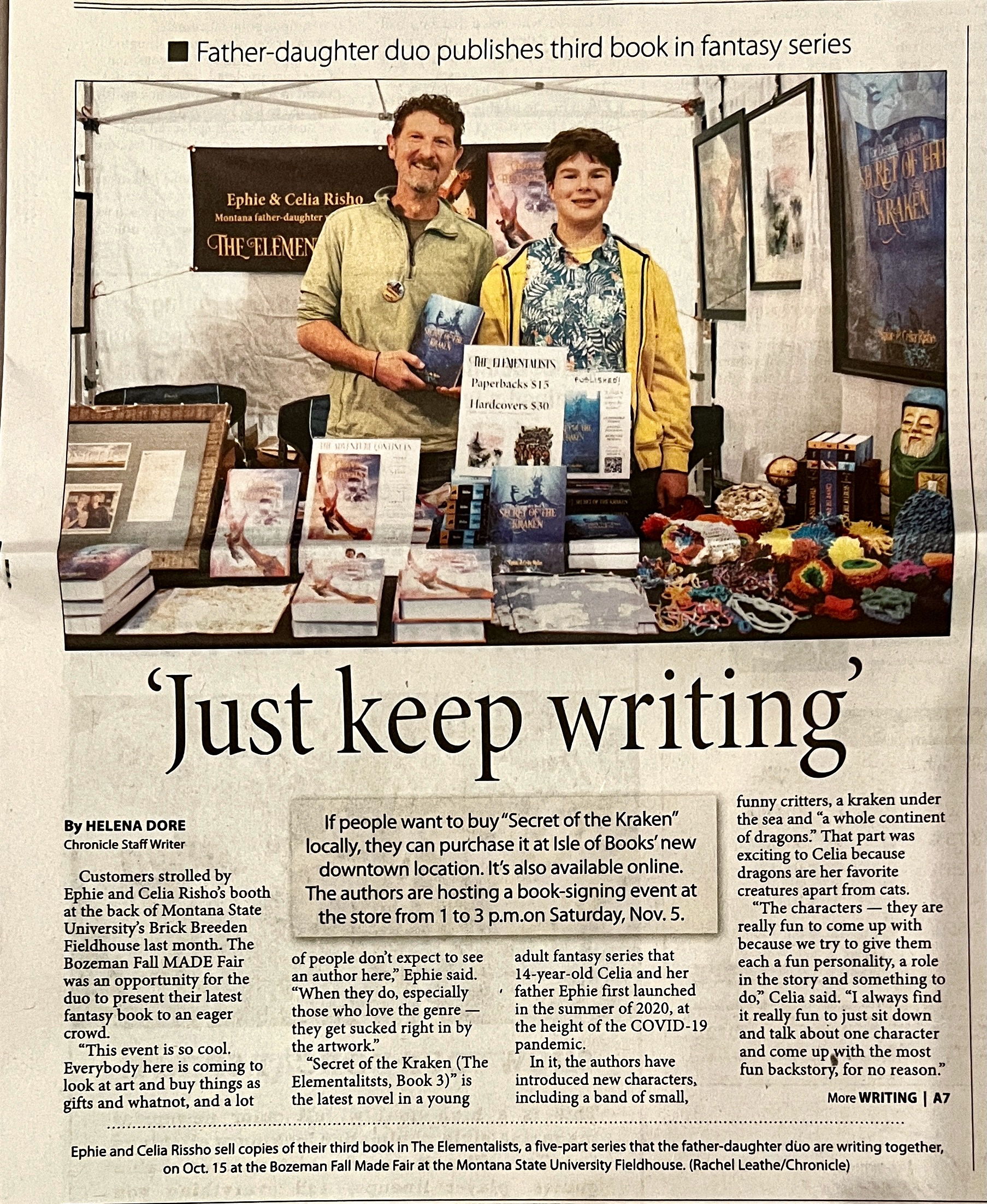 Bozeman Daily Chronicle feature titled 'Just keep writing,' October 2022