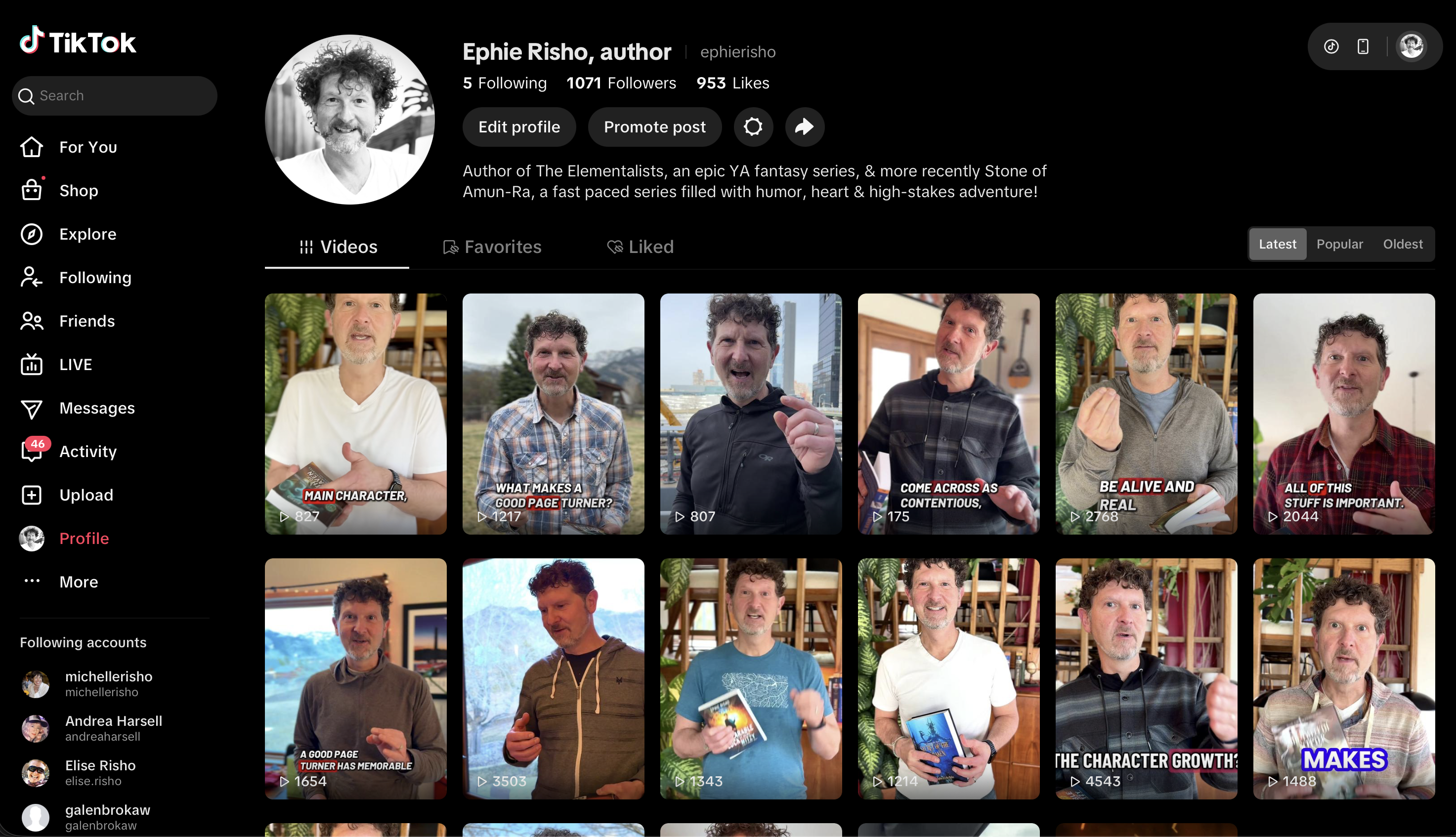 TikTok screenshot of Ephie Risho's author account, April 2026